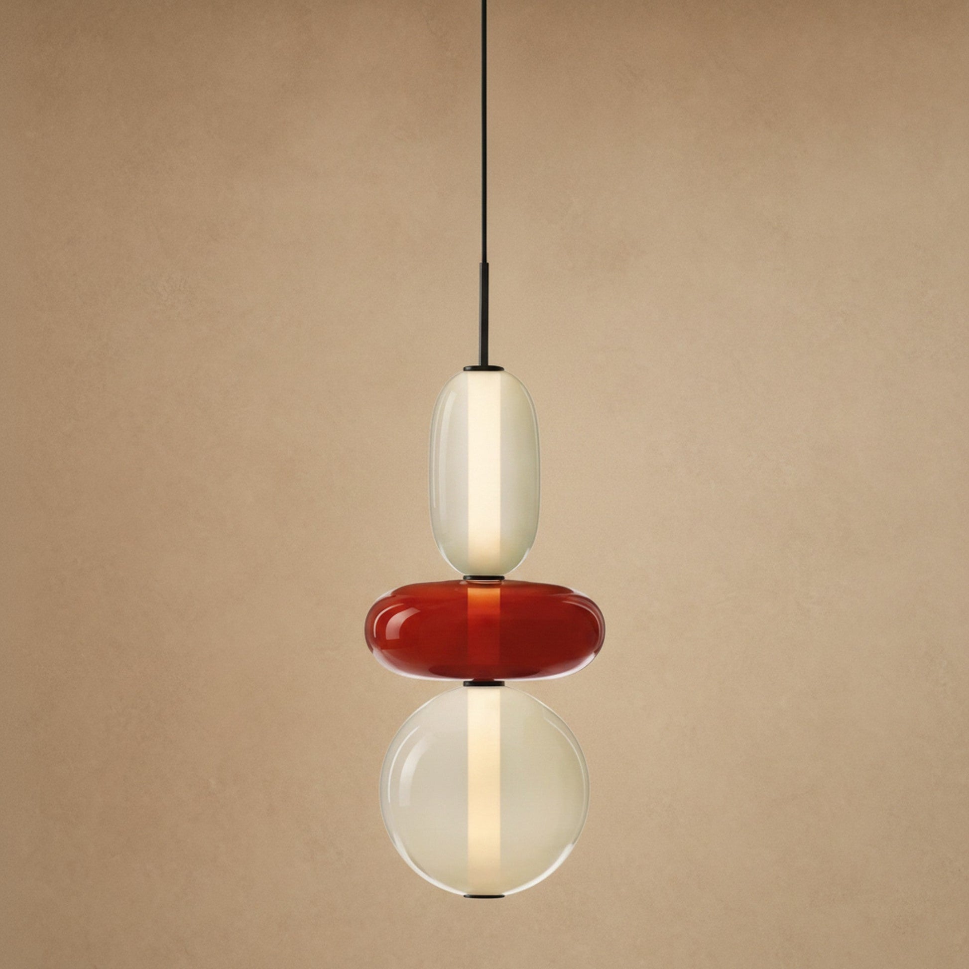 Aslin coloured glass pendant light, three pebble beads in red and cream, height 39 cm | Wickleigh