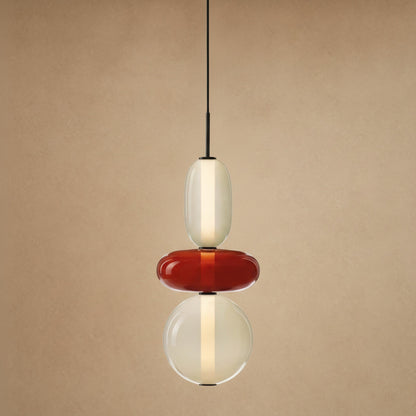 Aslin coloured glass pendant light, three pebble beads in red and cream, height 39 cm | Wickleigh