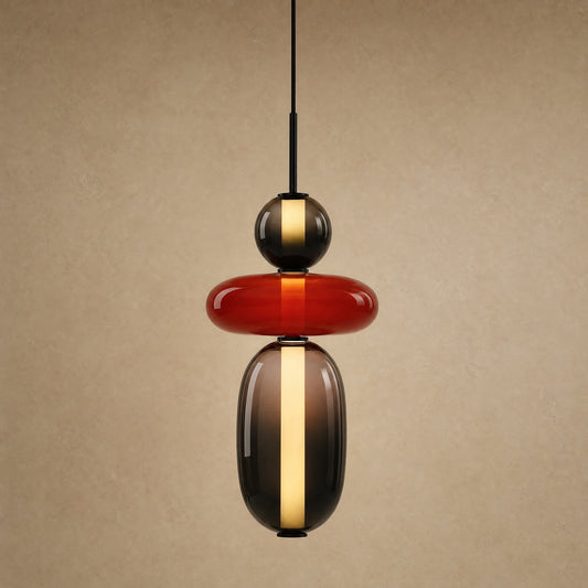 Aslin coloured glass pendant light, three beads in black, red and smoked, packshot | Wickleigh