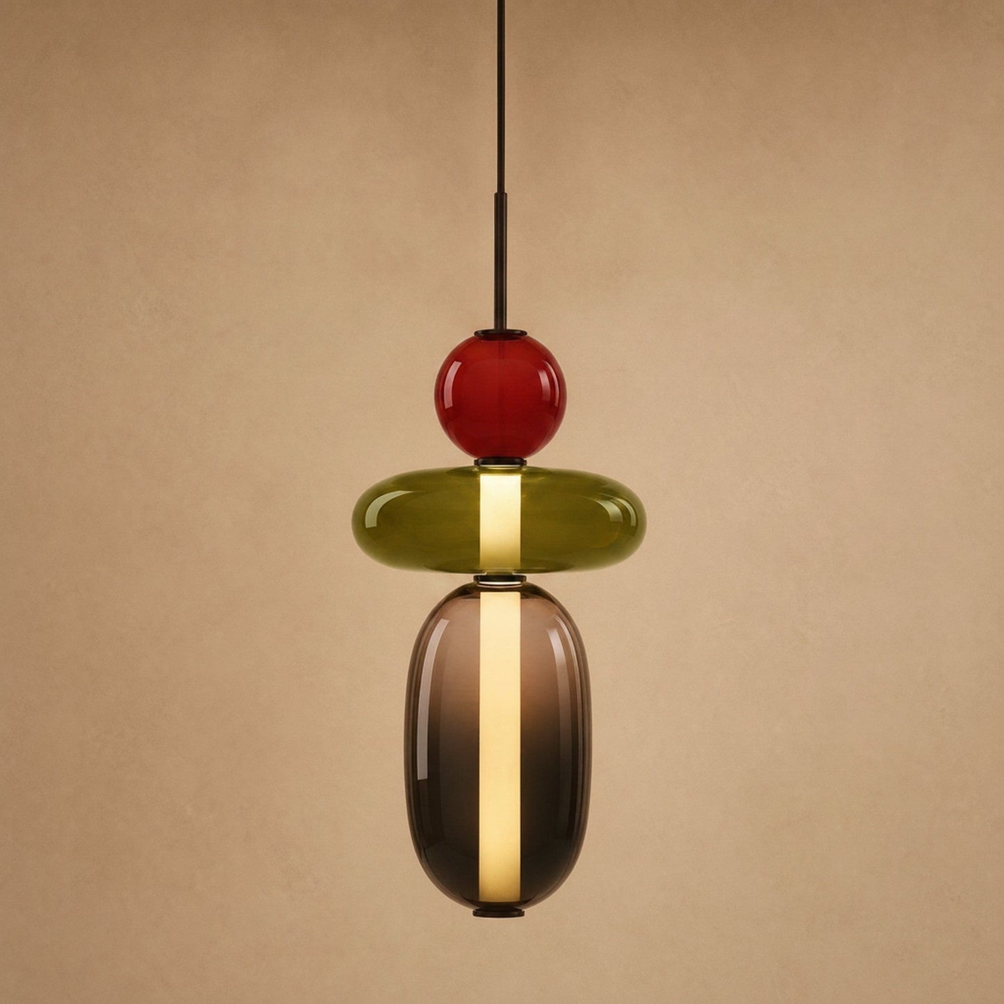 Aslin coloured glass pendant light, three beads in red, olive and smoked, height 37 cm | Wickleigh