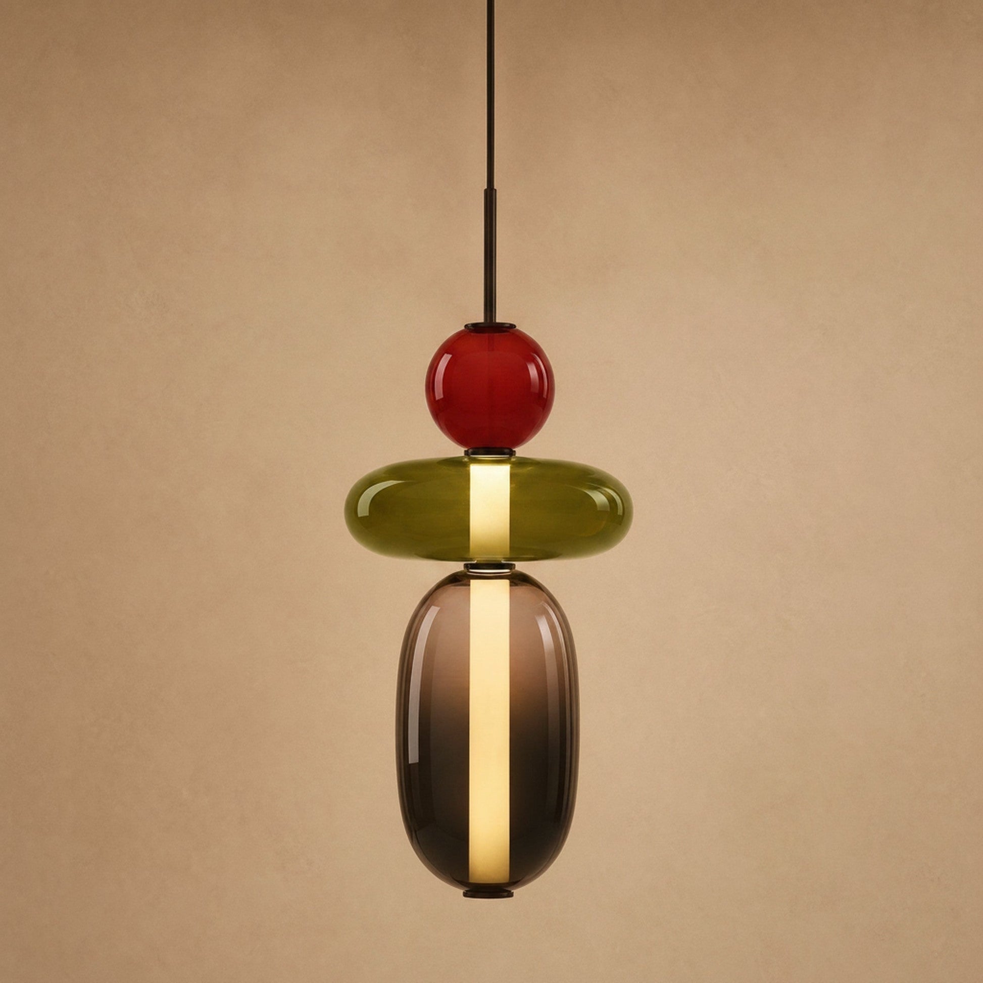 Aslin coloured glass pendant light, three beads in red, olive and smoked, height 37 cm | Wickleigh