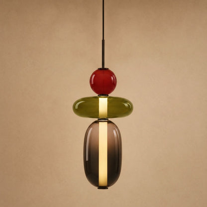 Aslin coloured glass pendant light, three beads in red, olive and smoked, height 37 cm | Wickleigh