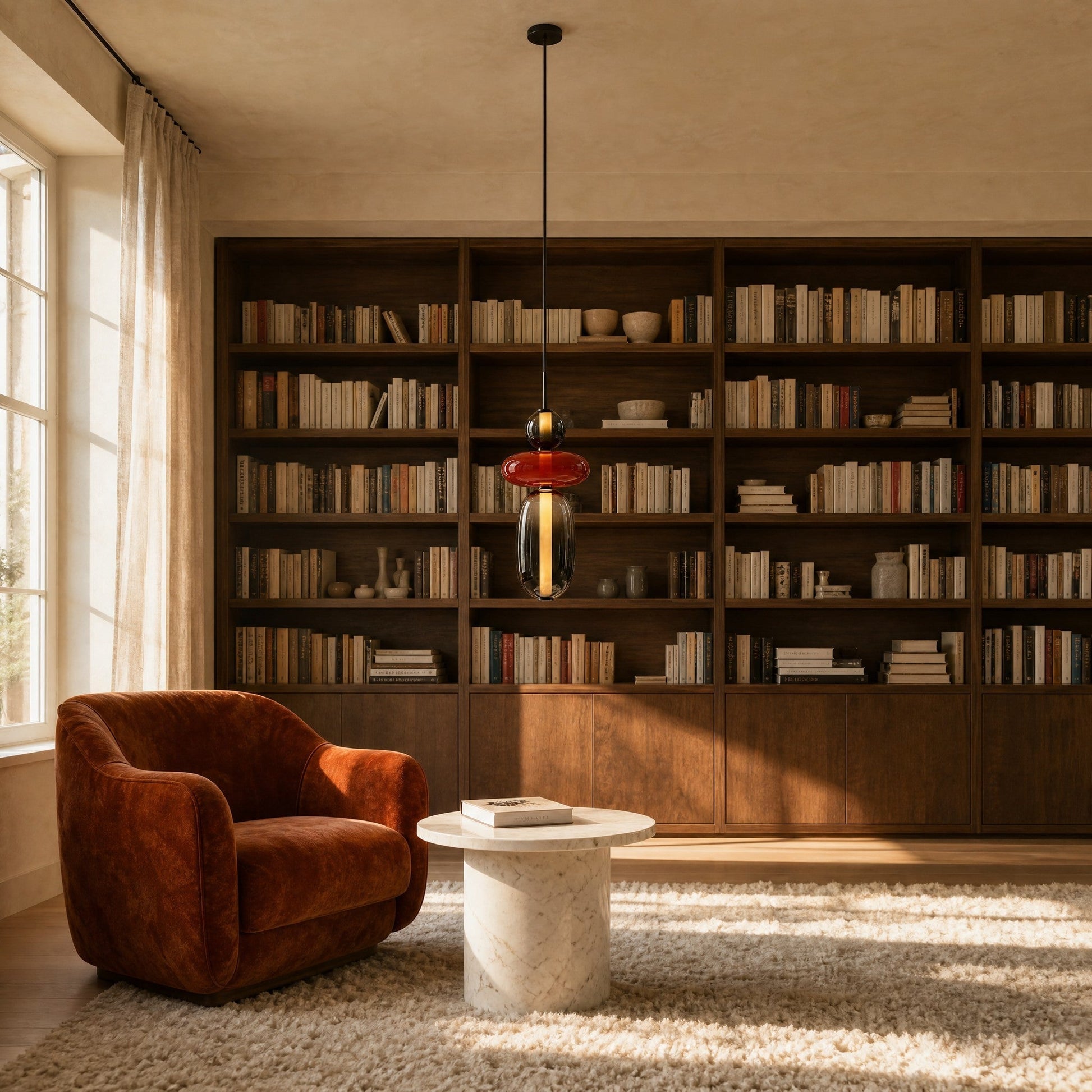 Aslin coloured glass pendant light lit above a marble side table in a living room library corner | Wickleigh