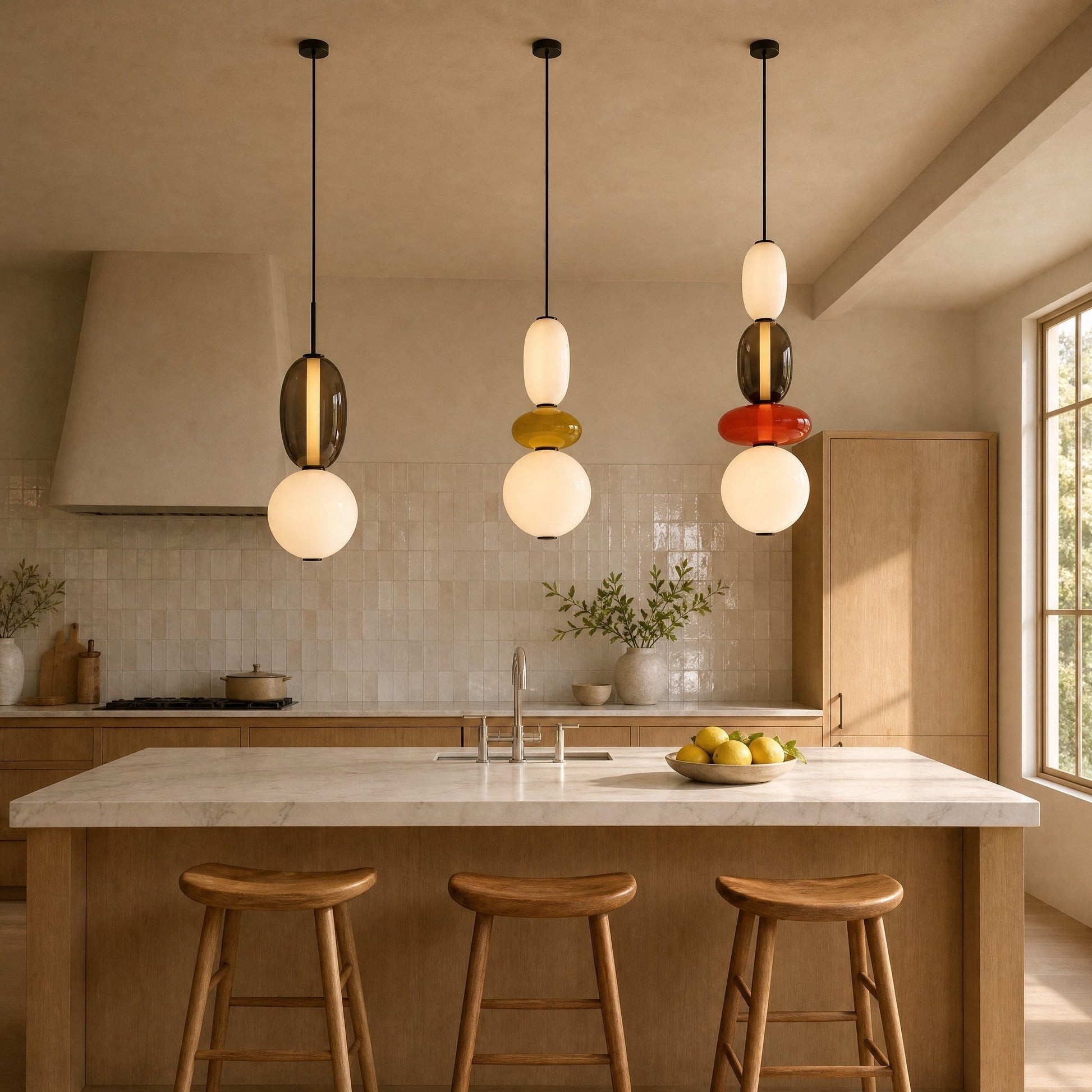 Three Aslin coloured glass pendant lights aligned above a marble kitchen island | Wickleigh