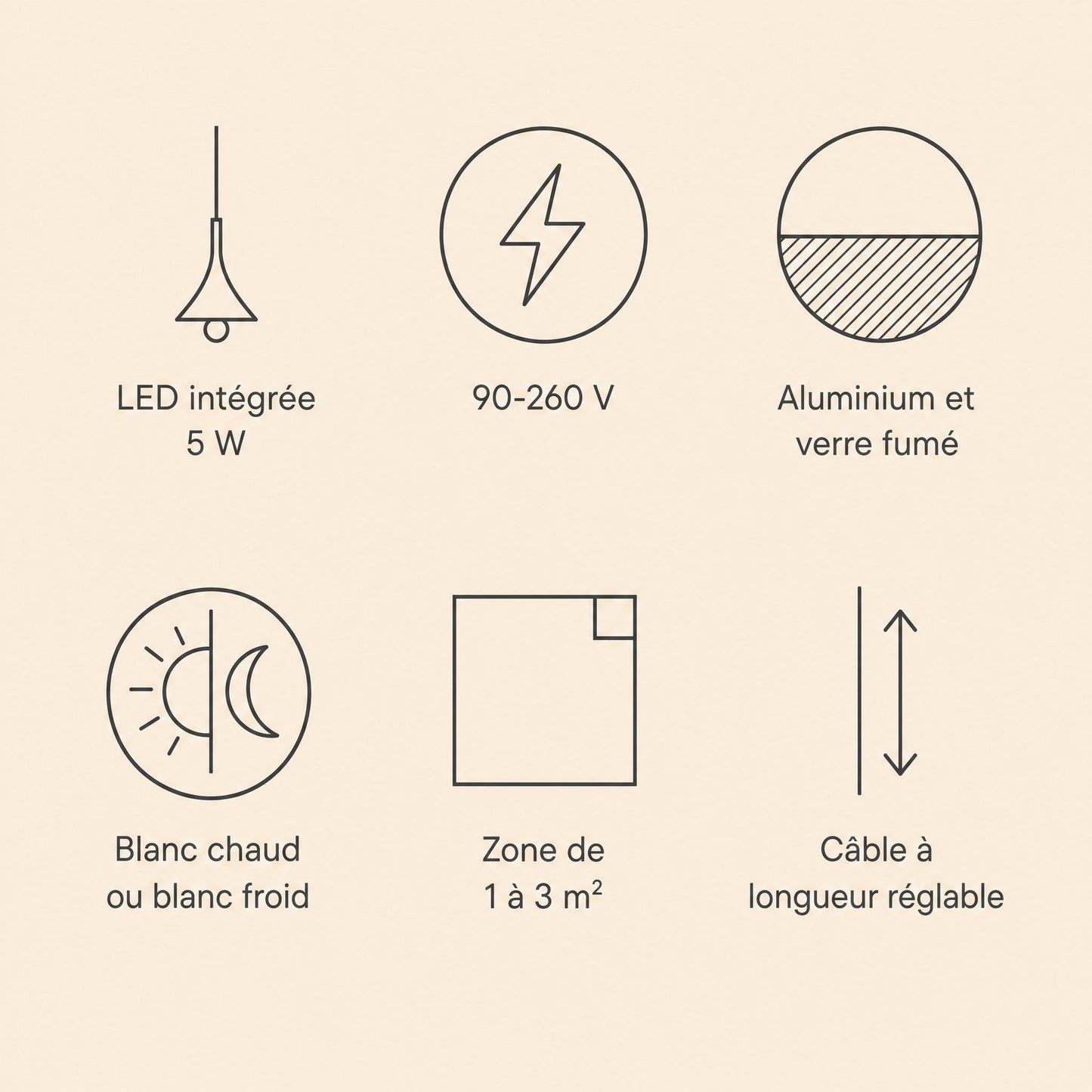 Specifications of the Falen pendant light, integrated 5 W LED, 90-260 V, aluminium and smoked glass | Wickleigh