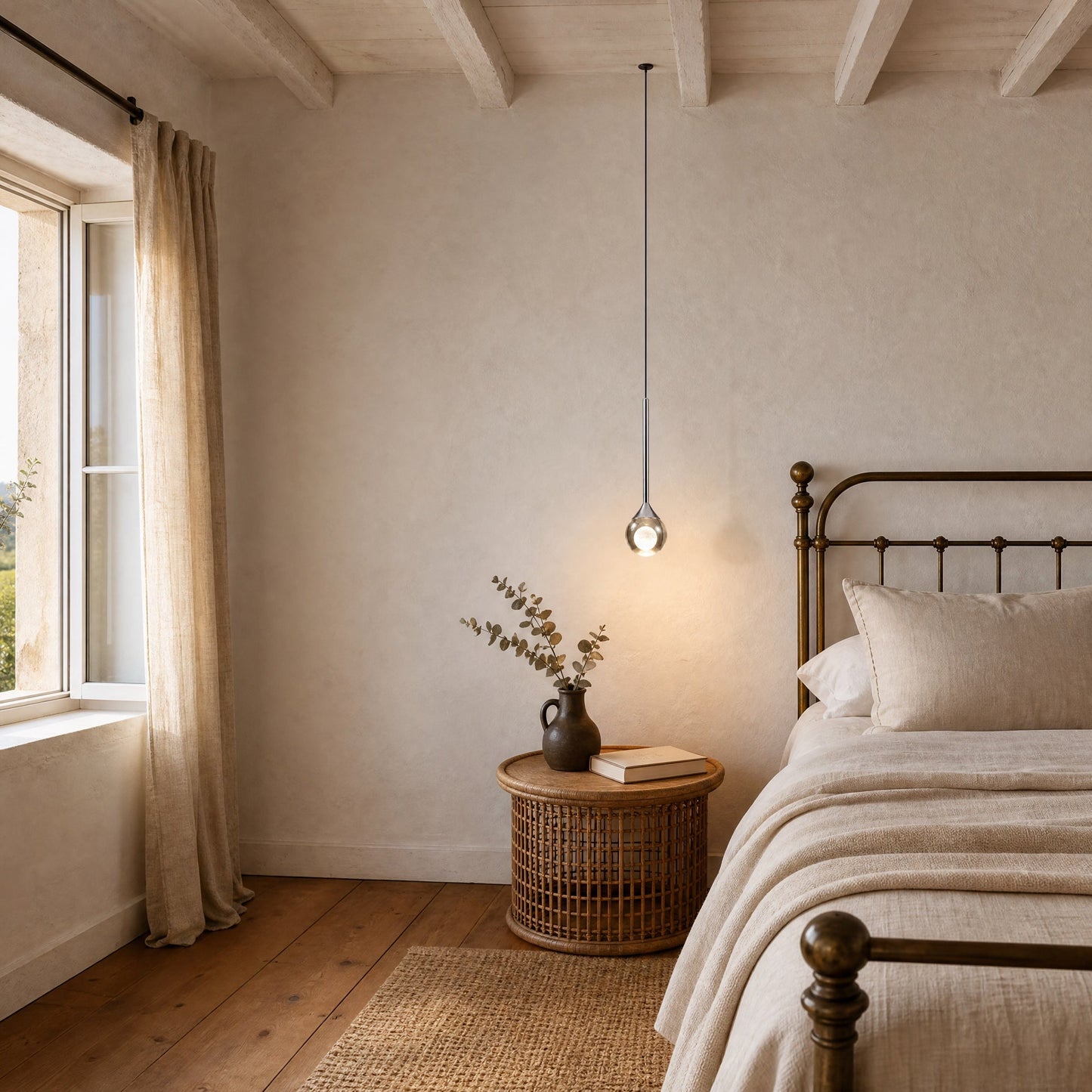 Falen smoked glass pendant light lit above a rattan bedside table in a country-style bedroom | Wickleigh