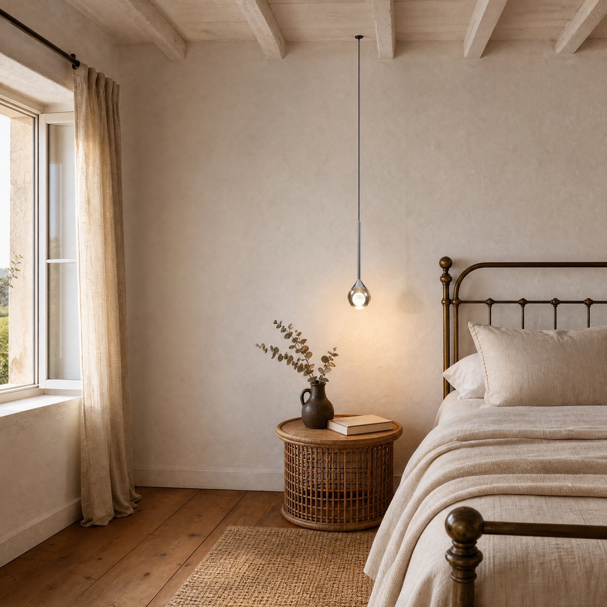 Falen smoked glass pendant light lit above a rattan bedside table in a country-style bedroom | Wickleigh