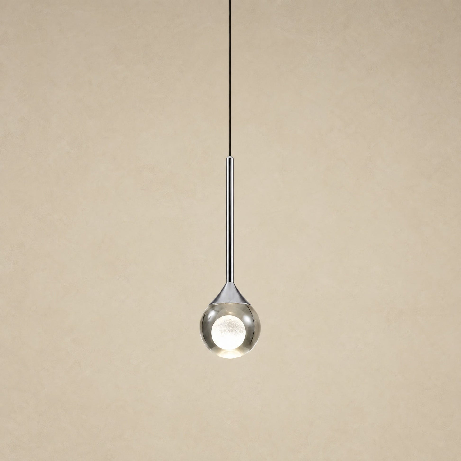 Falen smoked glass pendant light, polished chrome finish, 10 cm sphere with a frosted moon core | Wickleigh