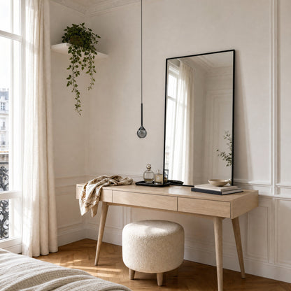 Falen smoked glass pendant light in black finish near a light ash dressing table, in daylight | Wickleigh
