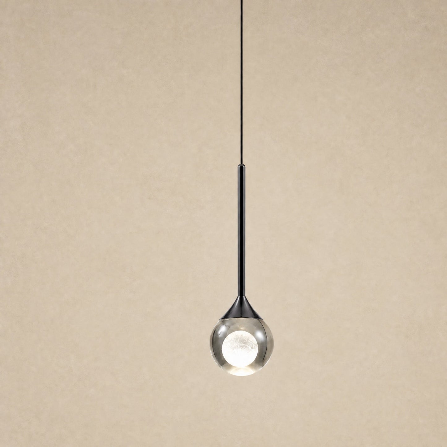 Falen smoked glass pendant light in black finish, straight rod and flared cone | Wickleigh