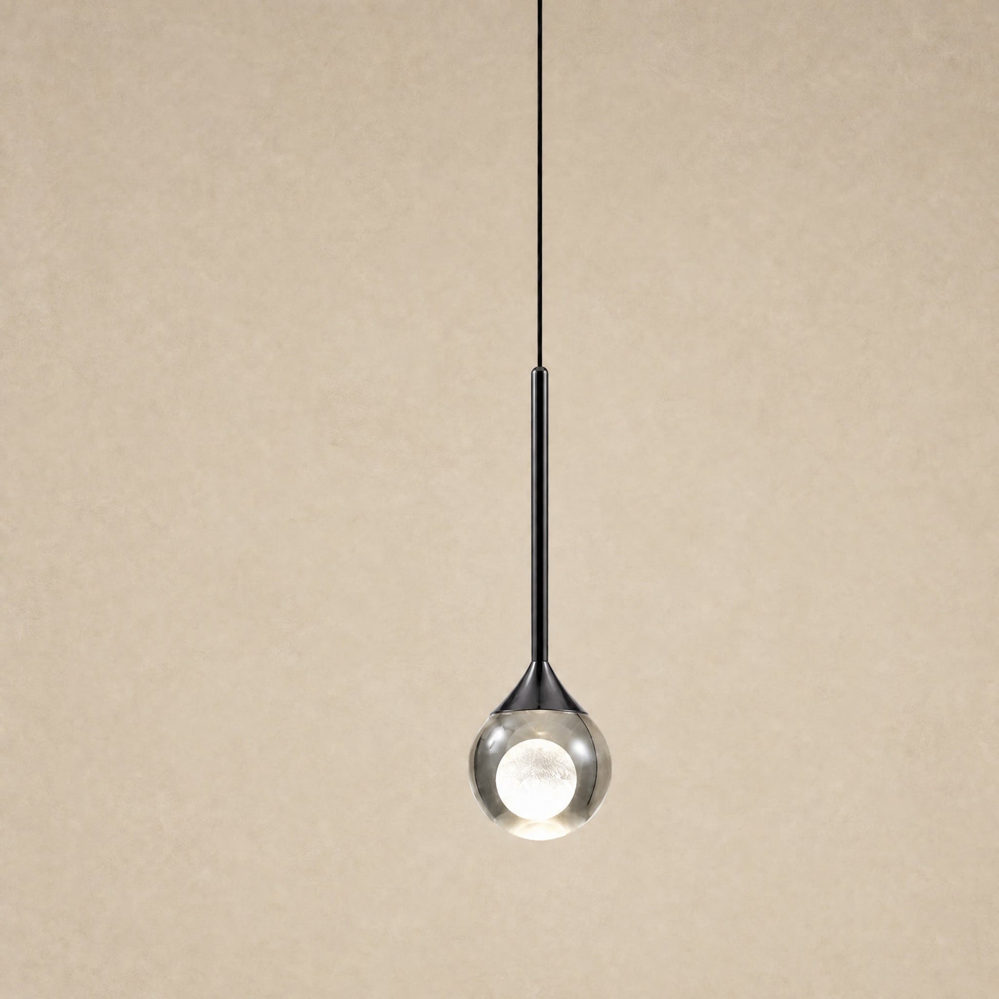 Falen smoked glass pendant light in black finish, straight rod and flared cone | Wickleigh