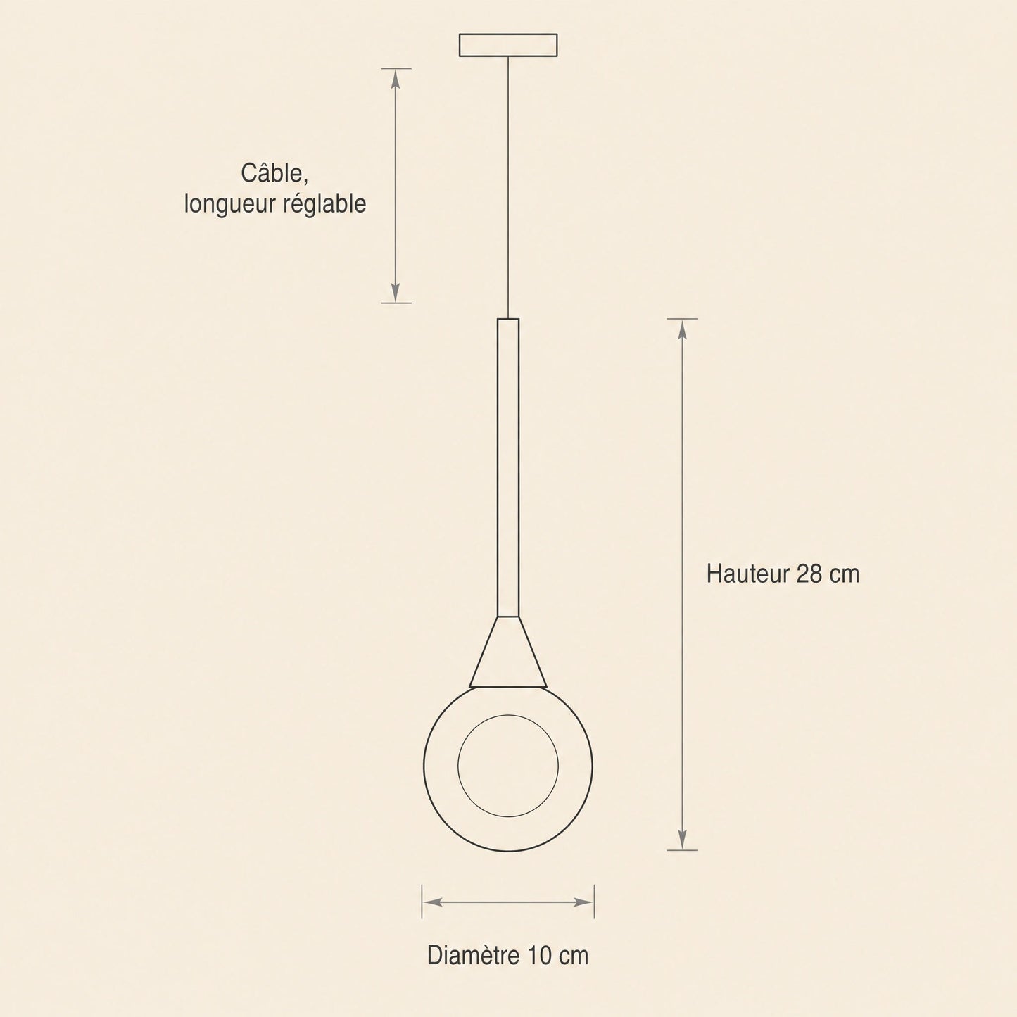 Dimension diagram of the Falen pendant light, 10 cm diameter sphere, height 28 cm, adjustable cable | Wickleigh