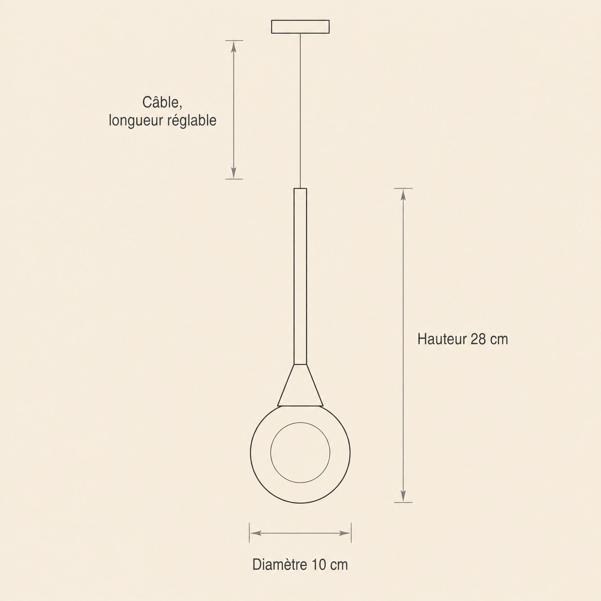 Dimension diagram of the Falen pendant light, 10 cm diameter sphere, height 28 cm, adjustable cable | Wickleigh
