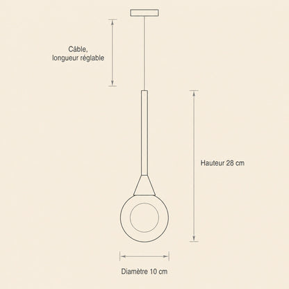 Dimension diagram of the Falen pendant light, 10 cm diameter sphere, height 28 cm, adjustable cable | Wickleigh