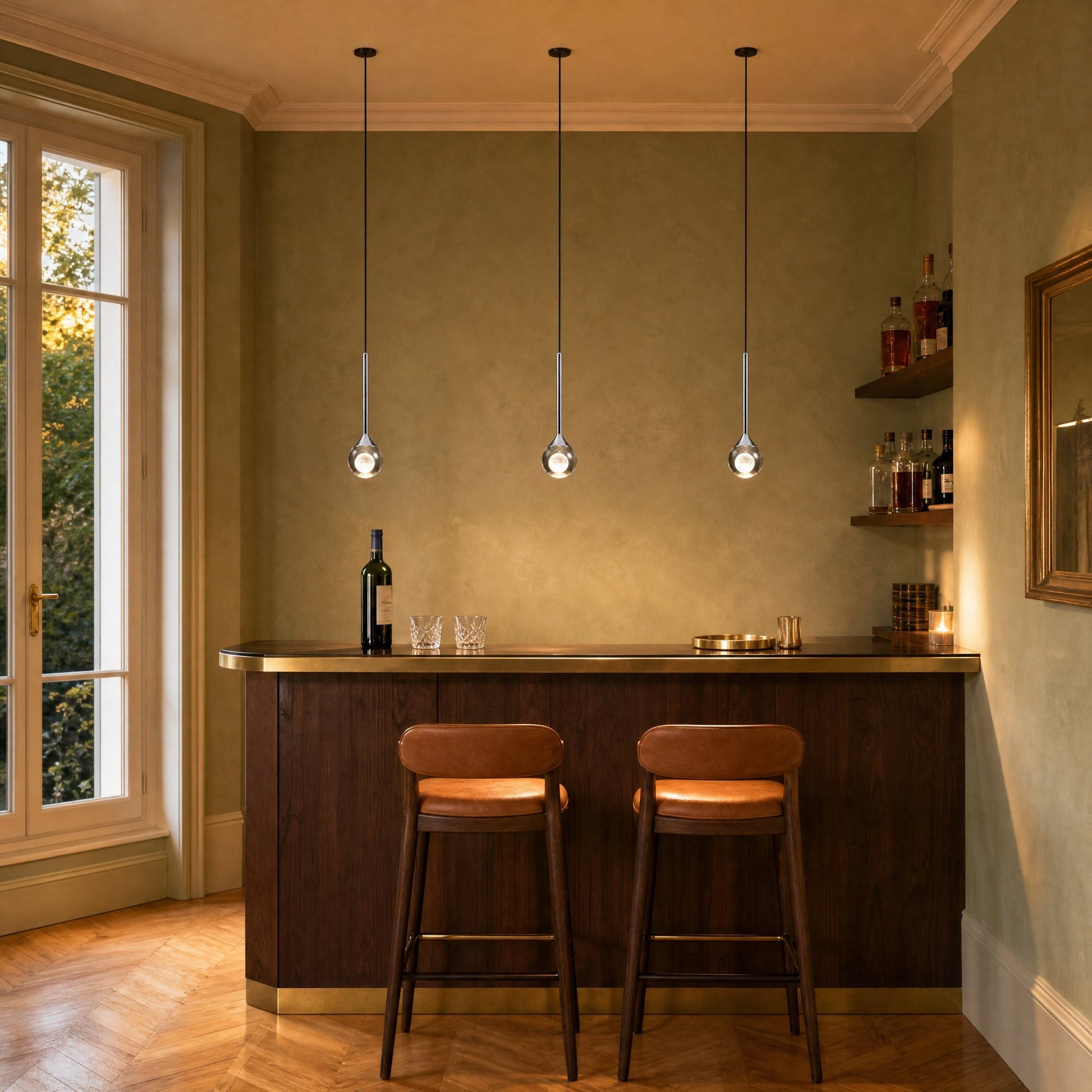 Three Falen smoked glass pendant lights aligned and lit above a walnut bar counter | Wickleigh
