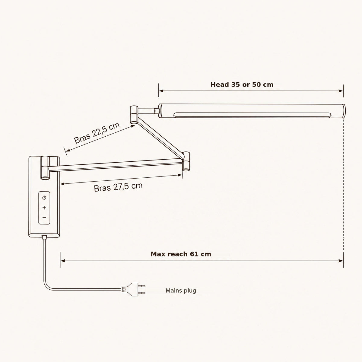 Swing arm wall reading light size guide with arm length and maximum reach
