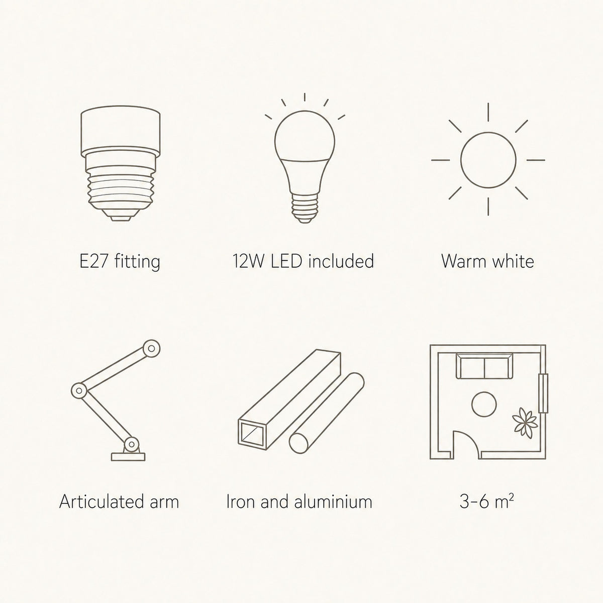 Swing arm wall light features: E27 fitting, 12W LED, iron and aluminium