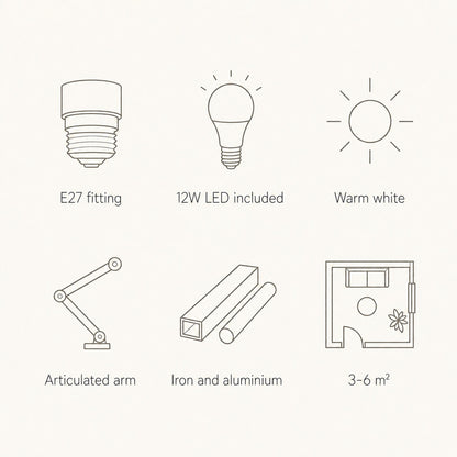 Swing arm wall light features: E27 fitting, 12W LED, iron and aluminium
