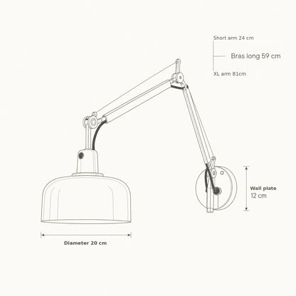 Swing arm wall light size guide: short, long and XL arm reach, shade diameter