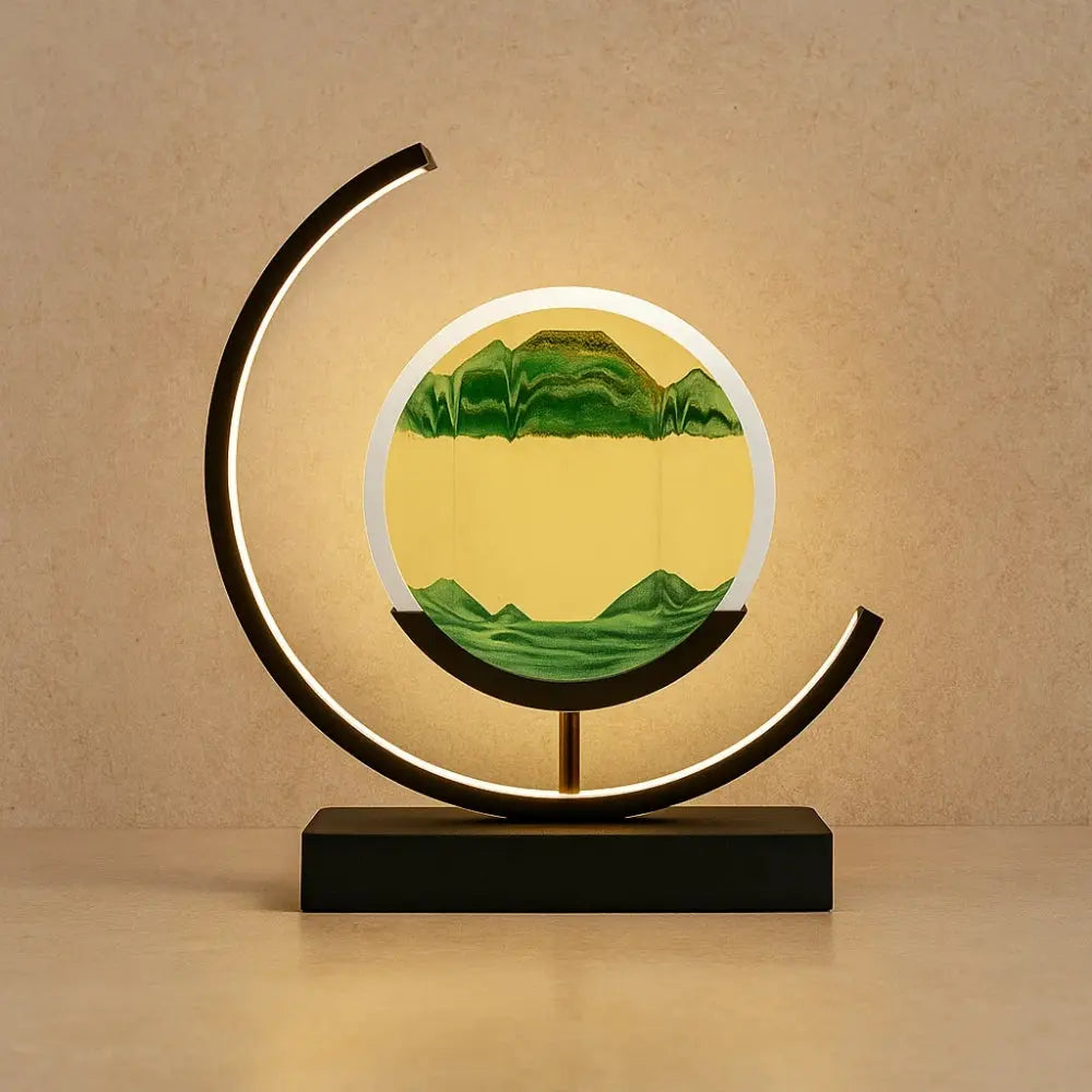 Rilva moving sand art desk lamp, black frame with green sand | Wickleigh