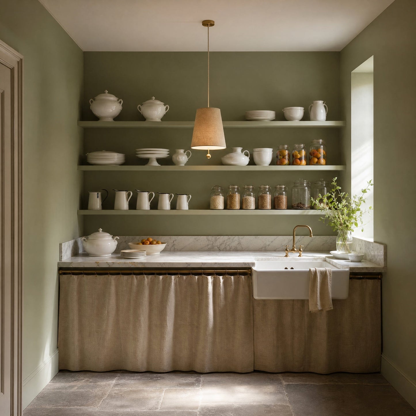 Ylsen fabric cone pendant light in Natural Beige, lit above a marble worktop | Wickleigh