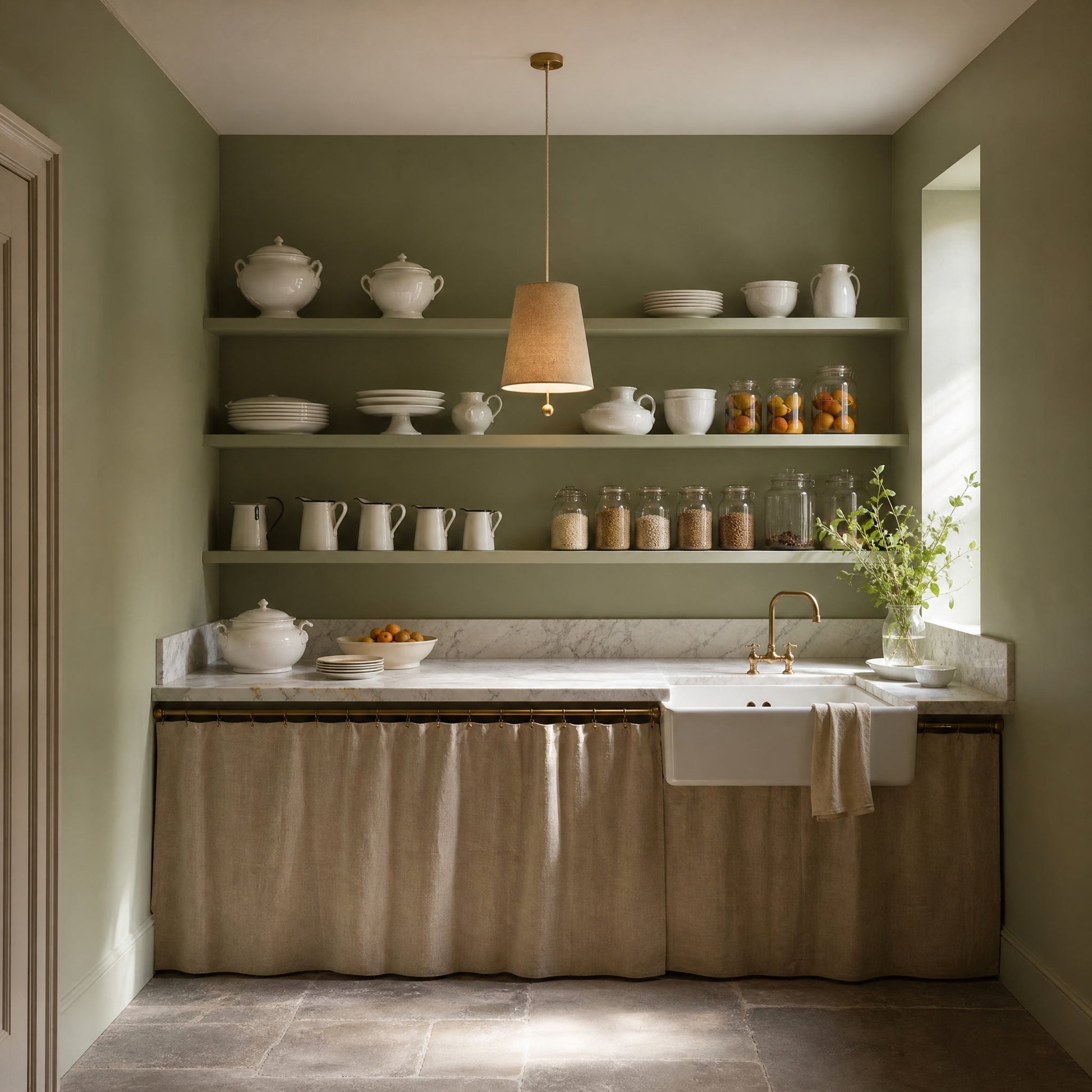 Ylsen fabric cone pendant light in Natural Beige, lit above a marble worktop | Wickleigh