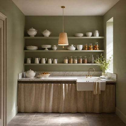 Ylsen fabric cone pendant light in Natural Beige, lit above a marble worktop | Wickleigh