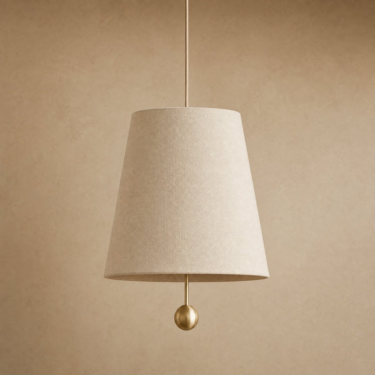 Ylsen fabric cone pendant light in ecru canvas, Ø 30 cm cone and gold ball | Wickleigh