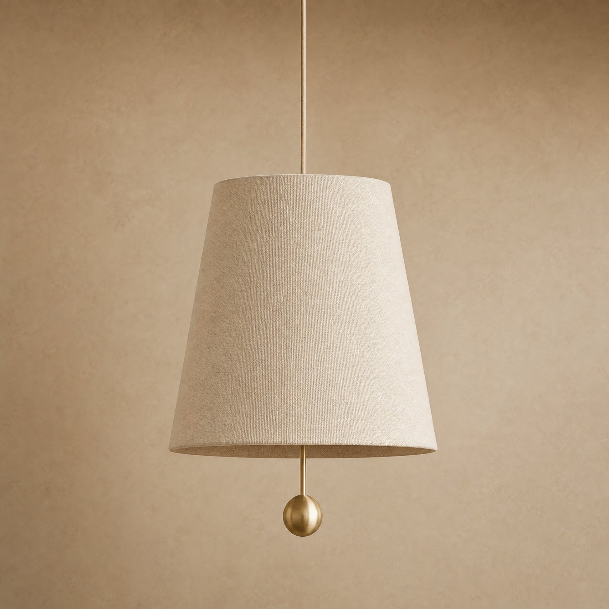 Ylsen fabric cone pendant light in ecru canvas, Ø 30 cm cone and gold ball | Wickleigh