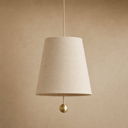 Ylsen fabric cone pendant light in ecru canvas, Ø 30 cm cone and gold ball | Wickleigh