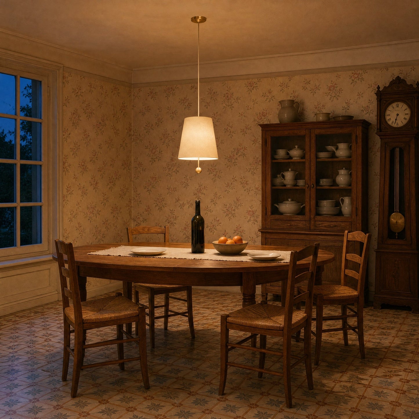 Ylsen fabric cone pendant light lit above a retro dining table | Wickleigh