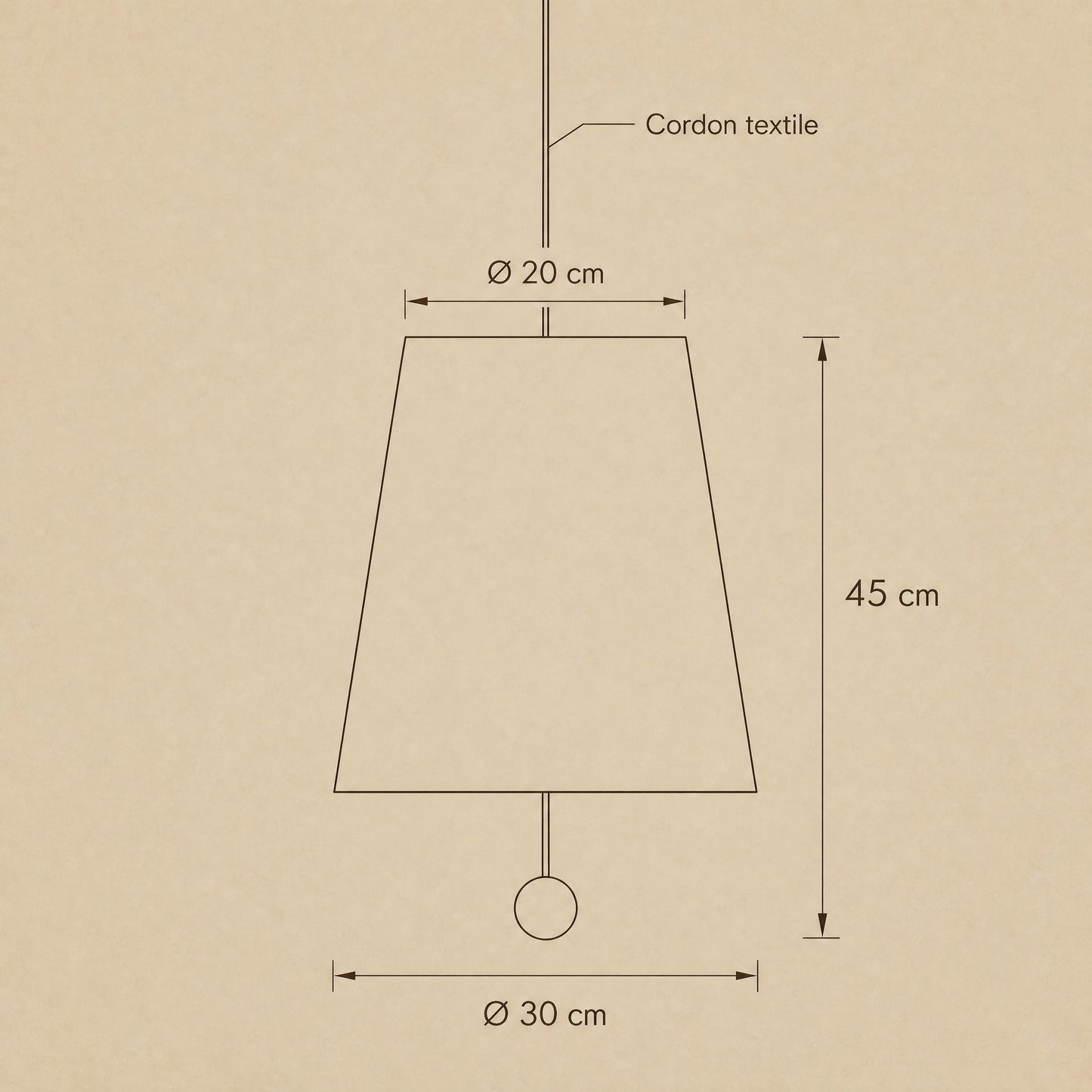 Dimension diagram of the Ylsen fabric cone pendant light, Ø 30 cm and total height 45 cm | Wickleigh