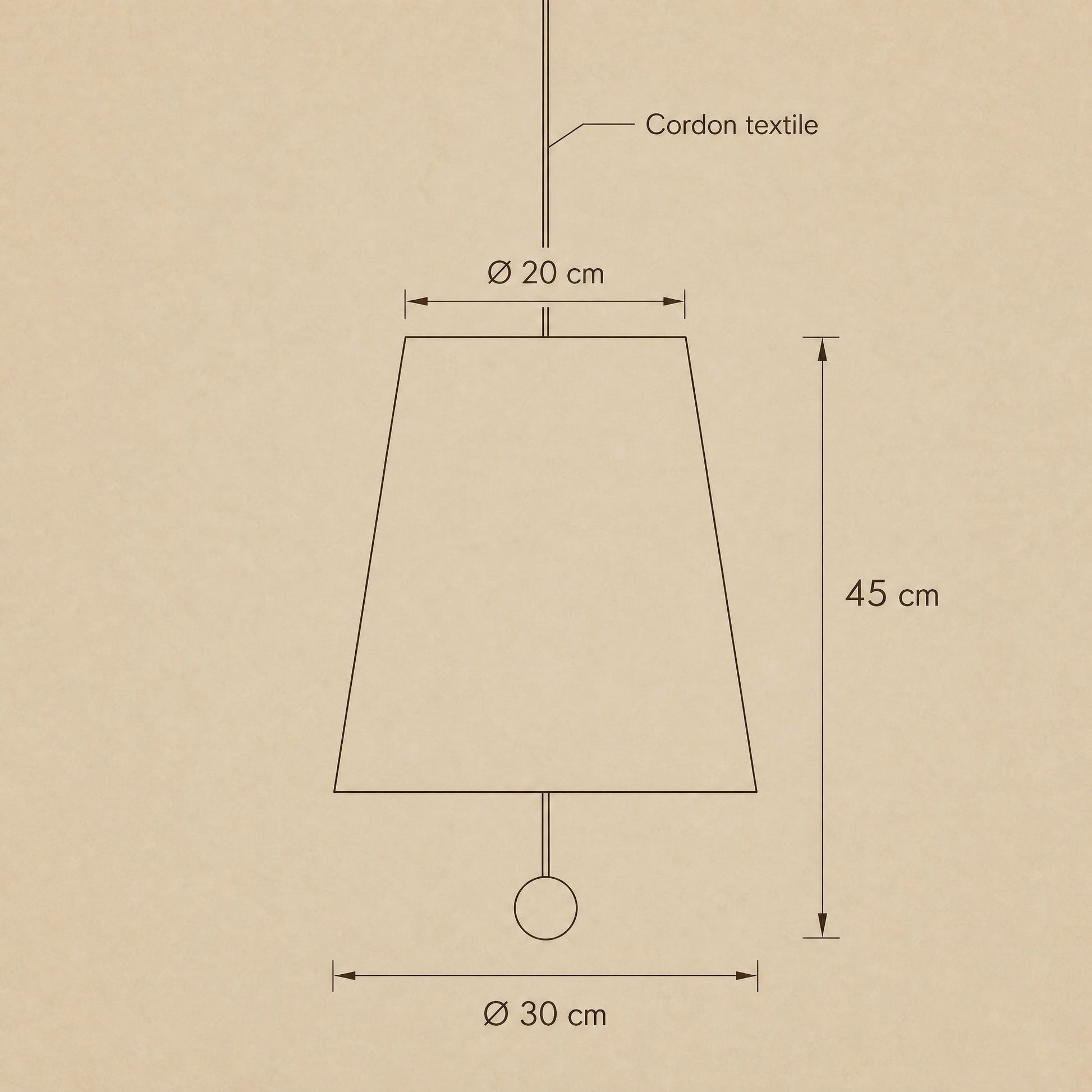 Dimension diagram of the Ylsen fabric cone pendant light, Ø 30 cm and total height 45 cm | Wickleigh