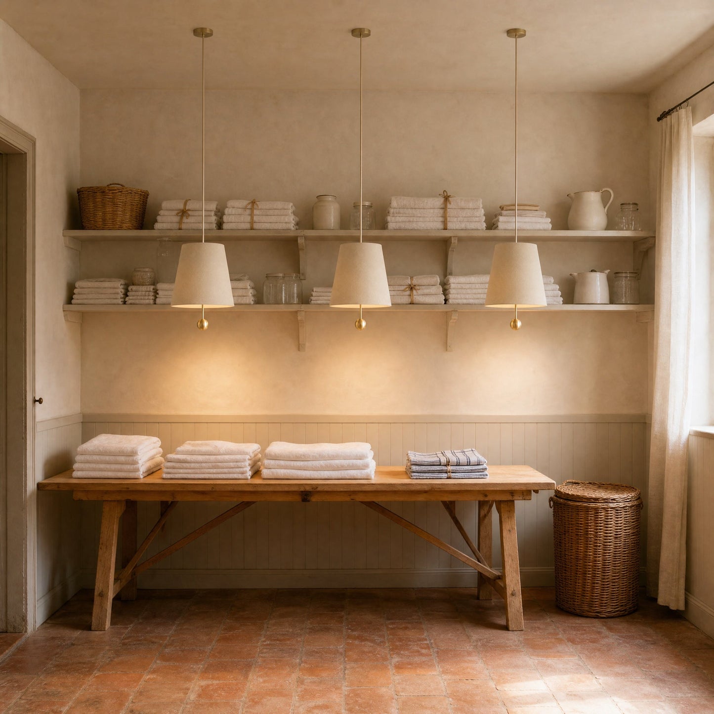 Three Ylsen fabric cone pendant lights aligned above a console table | Wickleigh
