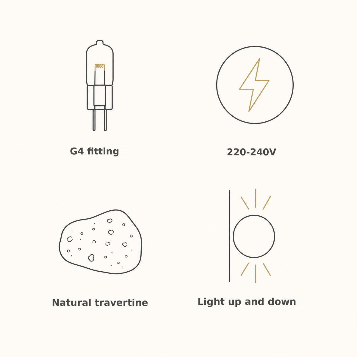 Travertine wall light features: G4 fitting, natural travertine, light up and down