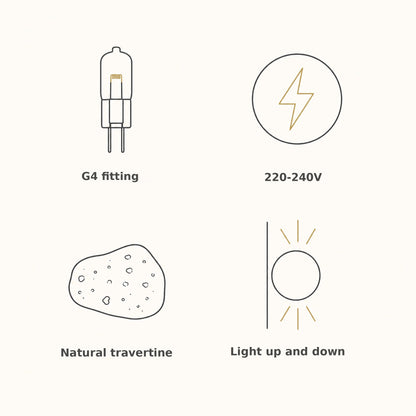 Travertine wall light features: G4 fitting, natural travertine, light up and down