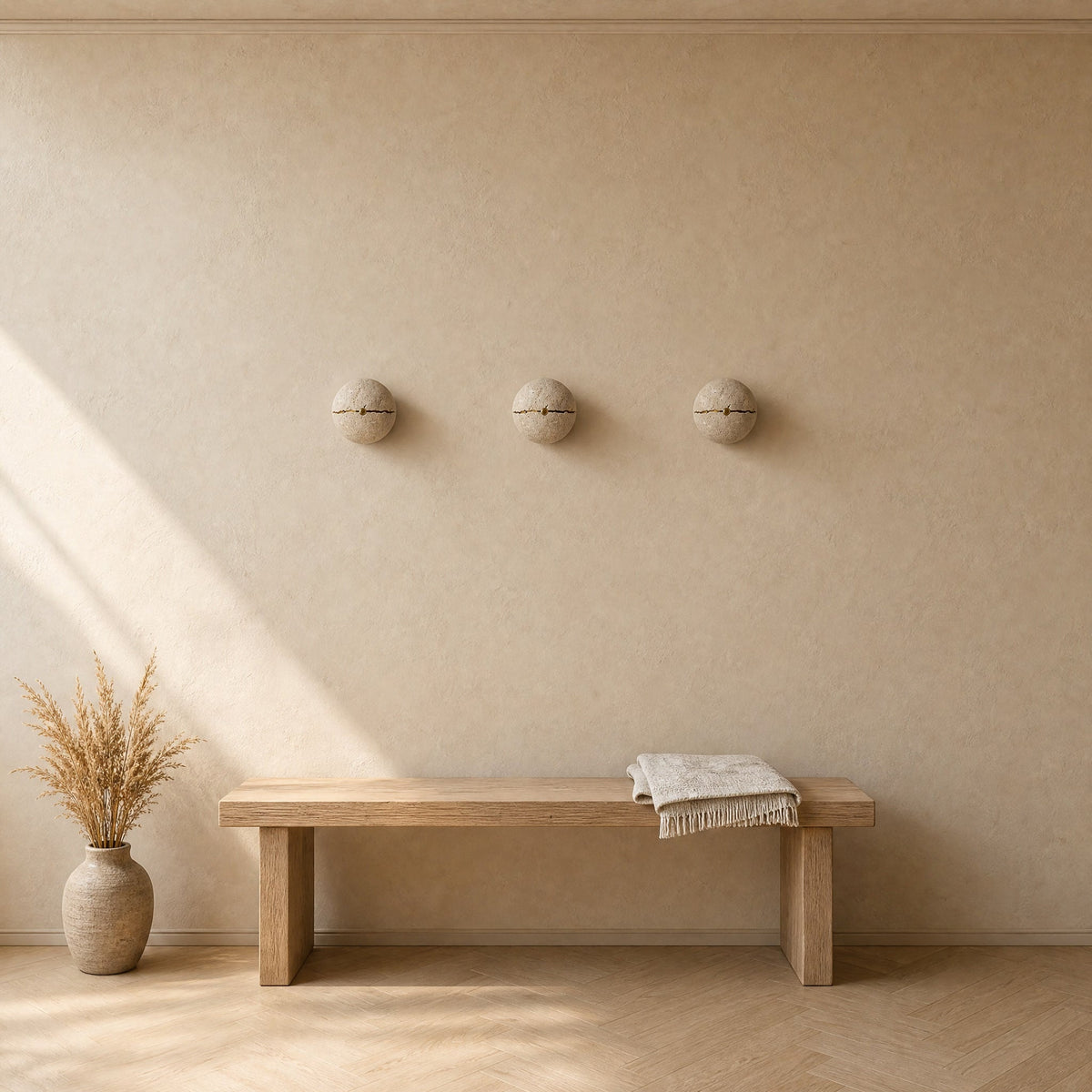 Three Rinen stone wall lights aligned above an oak bench in an entrance, natural light | Wickleigh