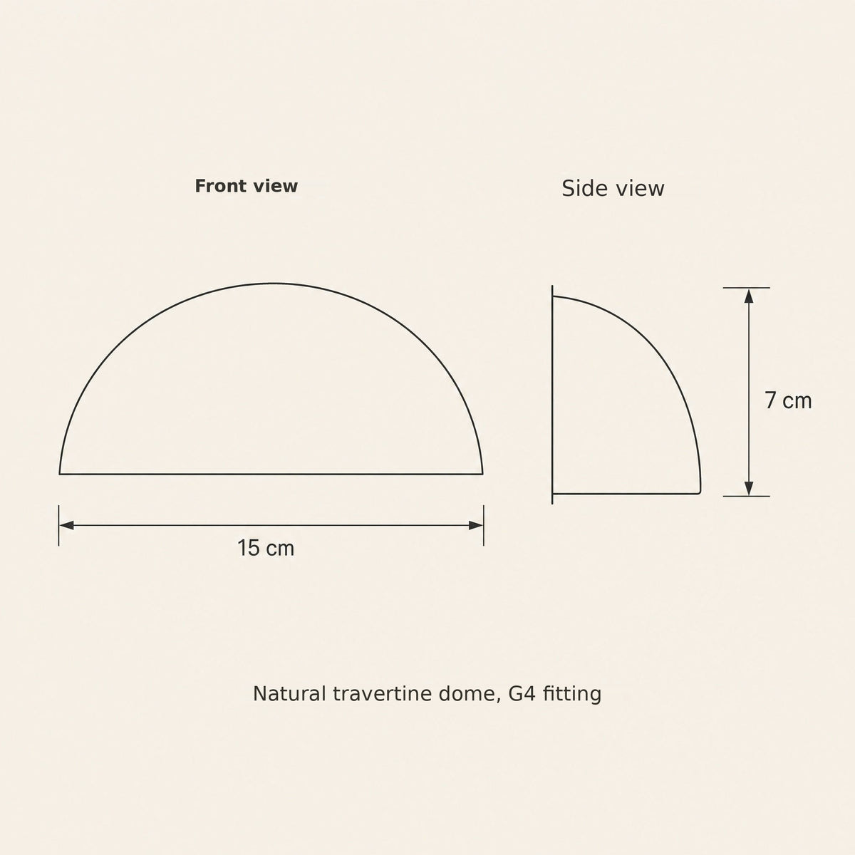 Travertine half-moon wall light size guide, front and side view