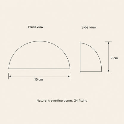Travertine half-moon wall light size guide, front and side view