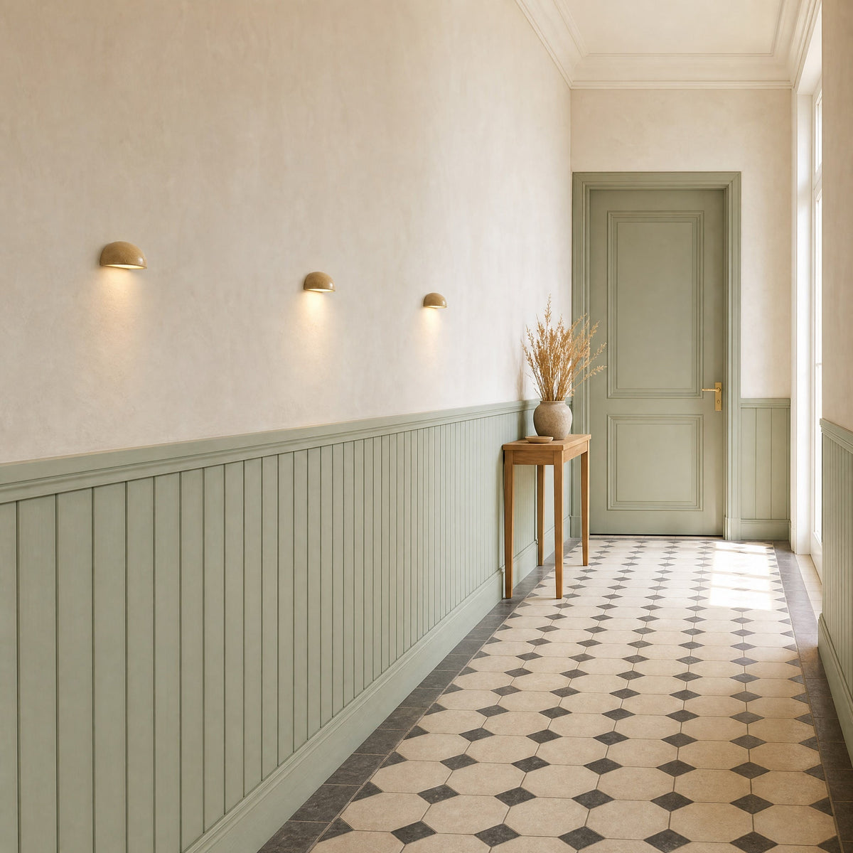 Three Calvra wall lights lined up in a hallway with sea-green panelling | Wickleigh