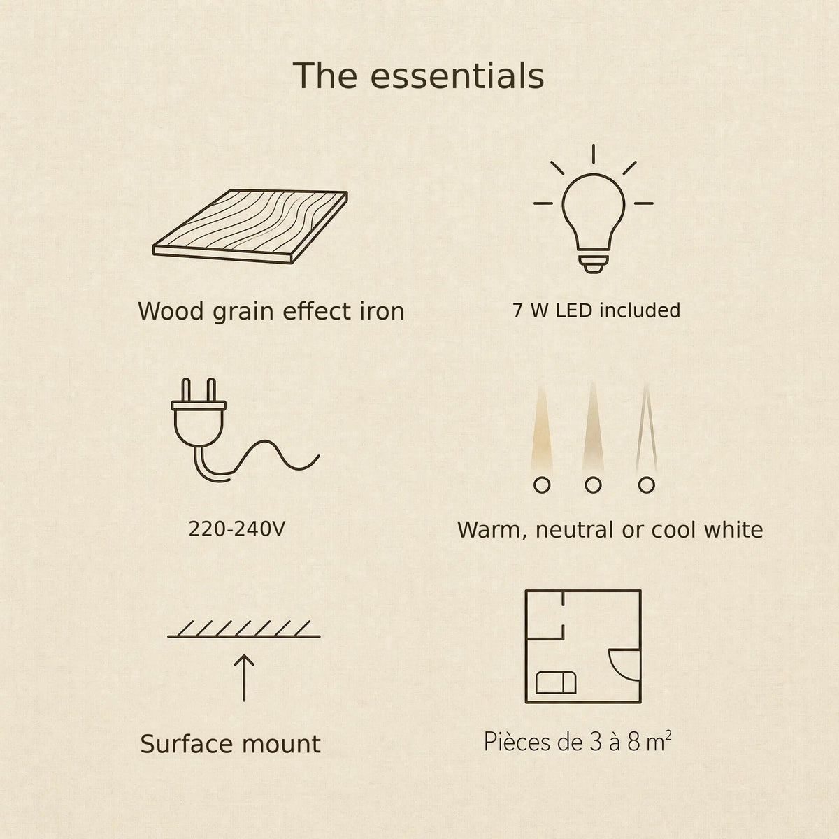 Wood grain flush ceiling light features: 7 W LED, three white tones, surface mount