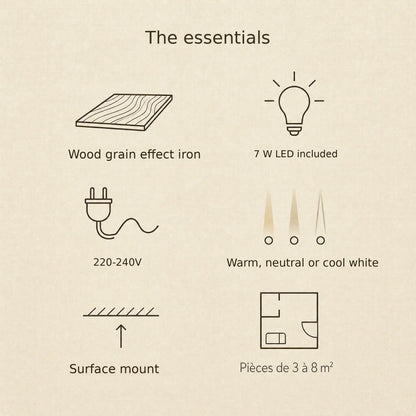Wood grain flush ceiling light features: 7 W LED, three white tones, surface mount
