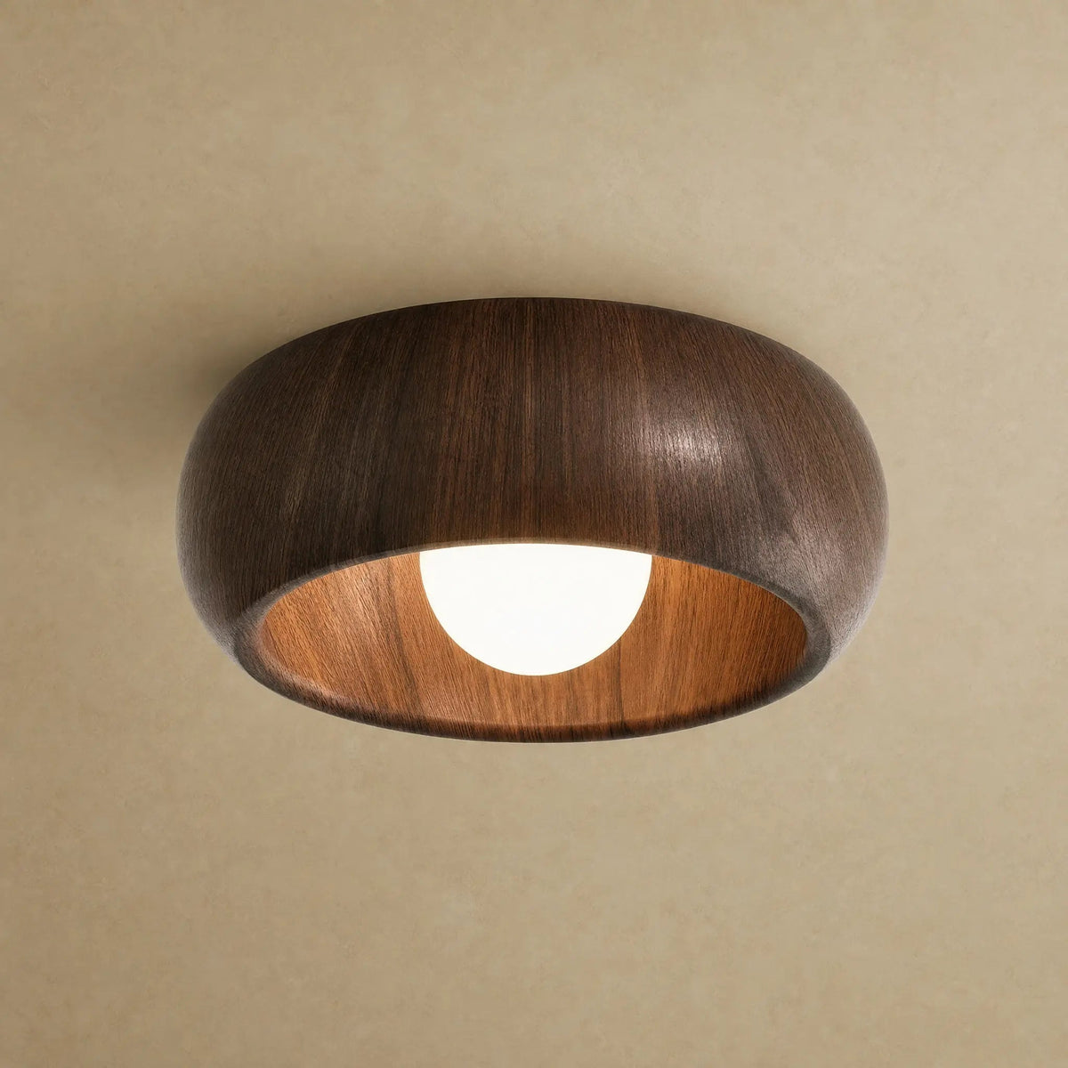 Pelna vintage flush ceiling light in Walnut finish, wood grain curve, packshot | Wickleigh