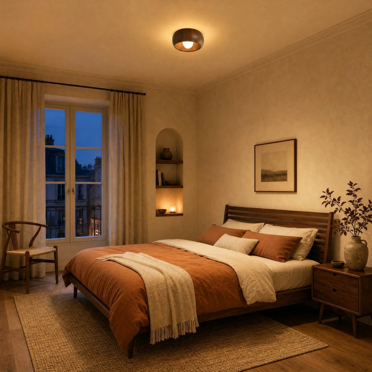 Pelna vintage flush ceiling light in Walnut, lit on the ceiling of a mid-century bedroom at dusk | Wickleigh