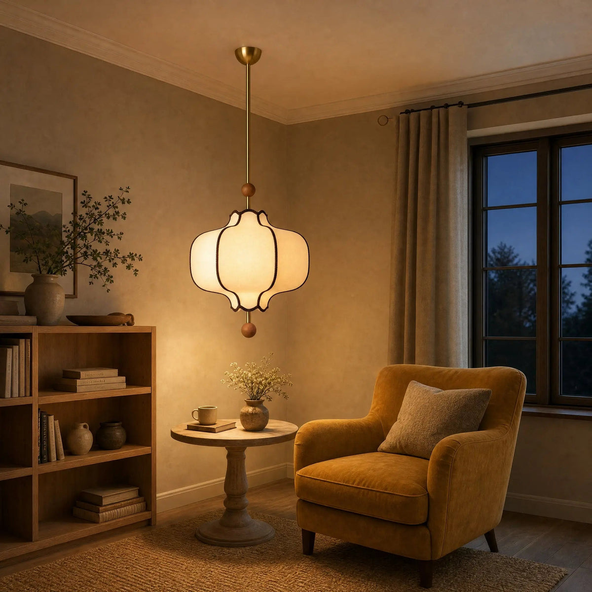 Linne vintage pendant light lit in a reading corner, mustard velvet armchair | Wickleigh