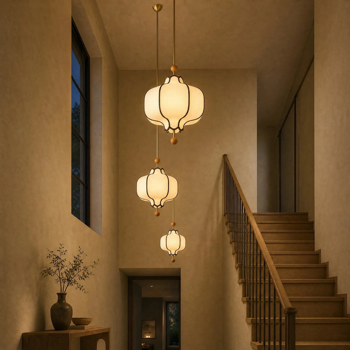 Three Linne vintage pendant lights cascading down a stairwell, three sizes | Wickleigh
