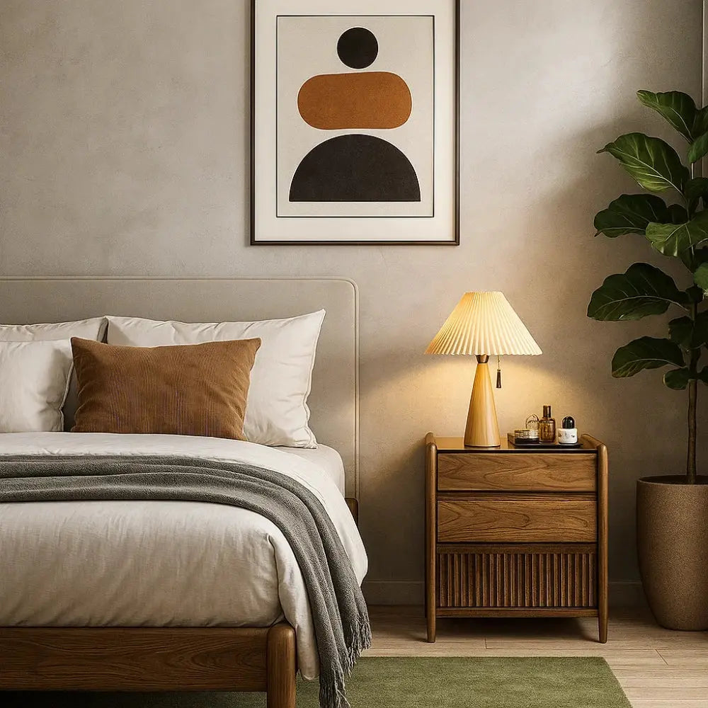 Halen vintage table lamp, pleated fabric shade and wood base, packshot | Wickleigh