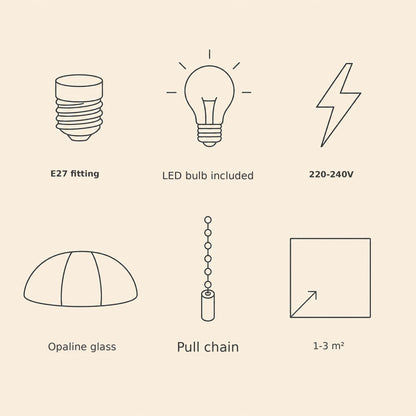Opaline table lamp features: E27 socket, LED bulb included, pull chain switch