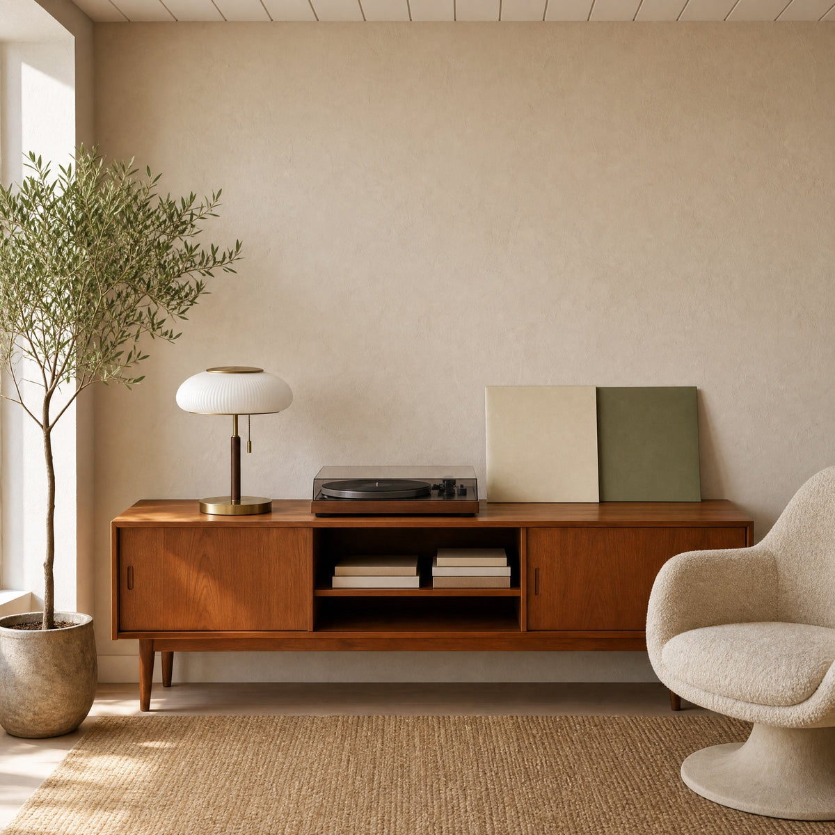 Grelin vintage table lamp set on a teak console, in full daylight | Wickleigh