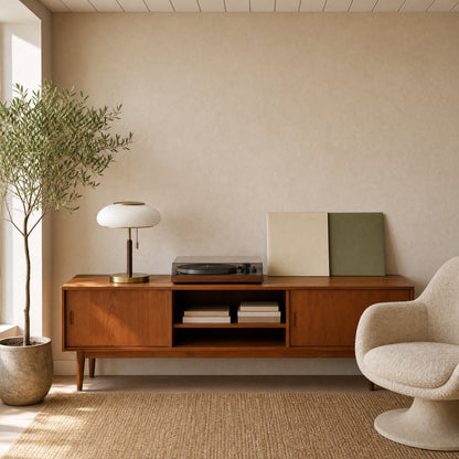 Grelin vintage table lamp set on a teak console, in full daylight | Wickleigh
